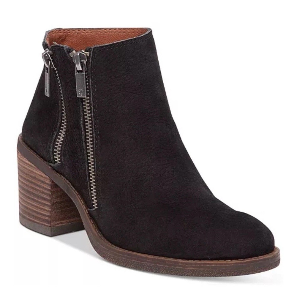 Lucky Brand Roquee Ankle Boots 9M Black Suede Leather Double Zipper Block Heel